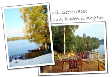 Die See-Terrasse des schwarzen Ferienhaus in Schweden am See verfügt über eine Sauna.