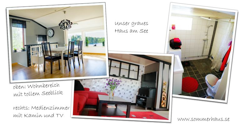 Mieten Sie unser graues Ferienhaus in Schweden am See! - Die Bilder zeigen von links nach rechts: Wohnzimmer, Medienzimmer und Badezimmer.