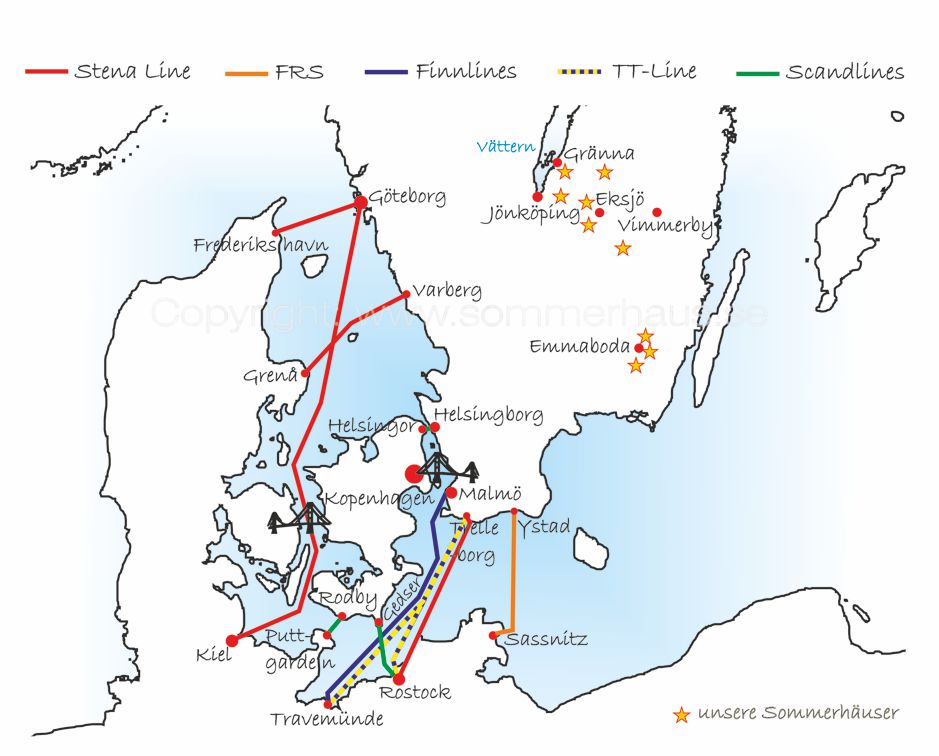 Alle Fährlinien die Sie zu unserem Ferienhaus nach Schweden bringen in einer Übersichtskarte.