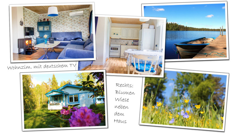 Mieten Sie unser Sommerhaus in Schweden von Privat! - Die Bilder zeigen unteranderem Küche, Wohnzimmer und das Boot am See.